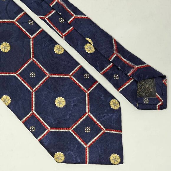 BRIONI SILK TIE BLACK RED BLUE GEOMETRIC SATIN REGAL ITALY 4" X 63" LONG - Picture 1 of 5